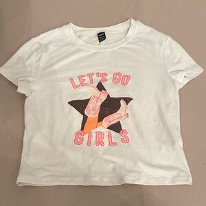 SHEIN White Tee with Pink Graphic “Let's Go Girls” baby tee